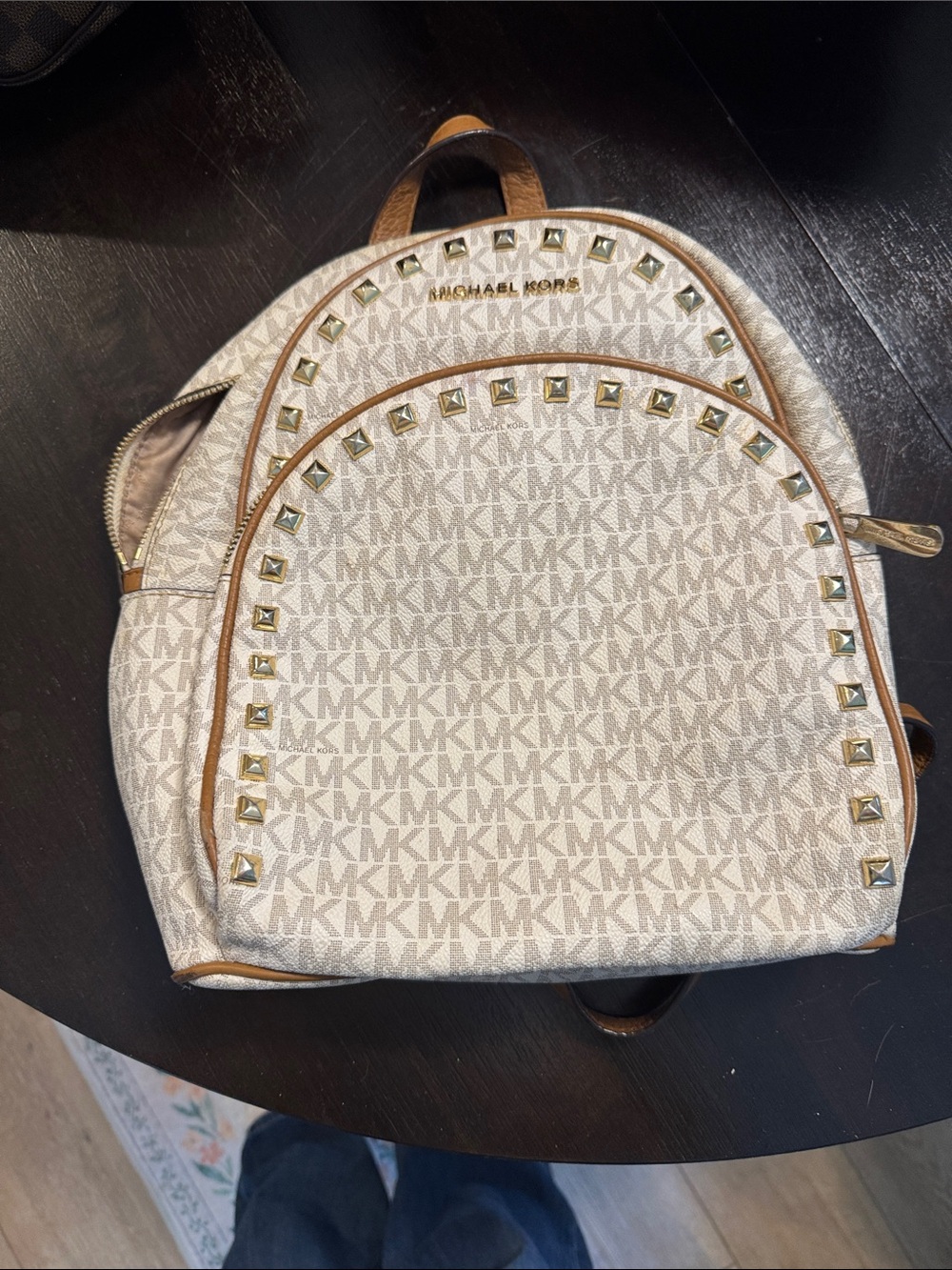 Michael Kors Cream MK Logo Studded Backpack with Tan Trim